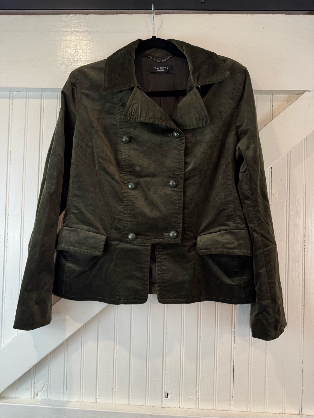 Talbots Olive Green Velvet Double Breasted Blazer Jacket Military Quiet Luxury - Picture 2 of 11
